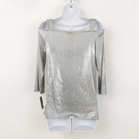 INC Silver Stretch Cold Shoulder Top - Picture 3 of 4